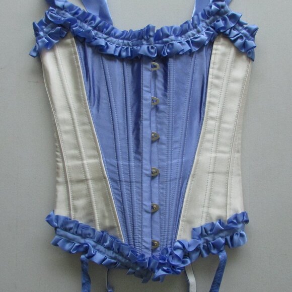 Blue Cream Ruffled Steel Boned Corset Set - NEW - Picture 5 of 13